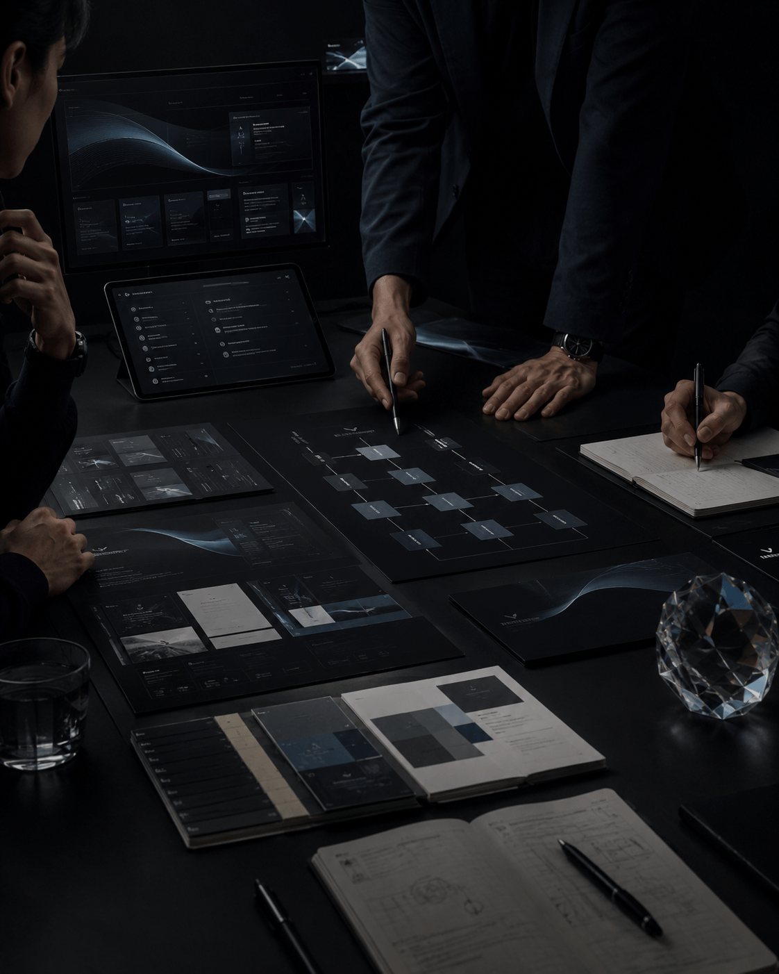 Insider strategy materials, system maps, and crystal object on a planning table
