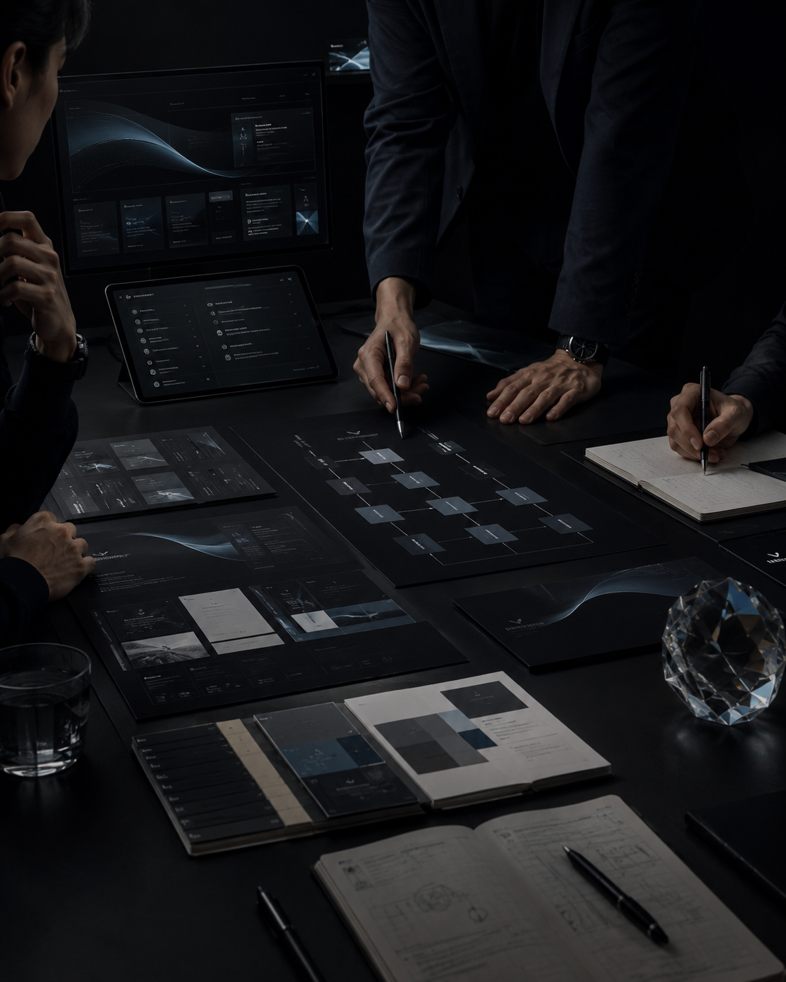Insider strategy materials, system maps, and crystal object on a planning table